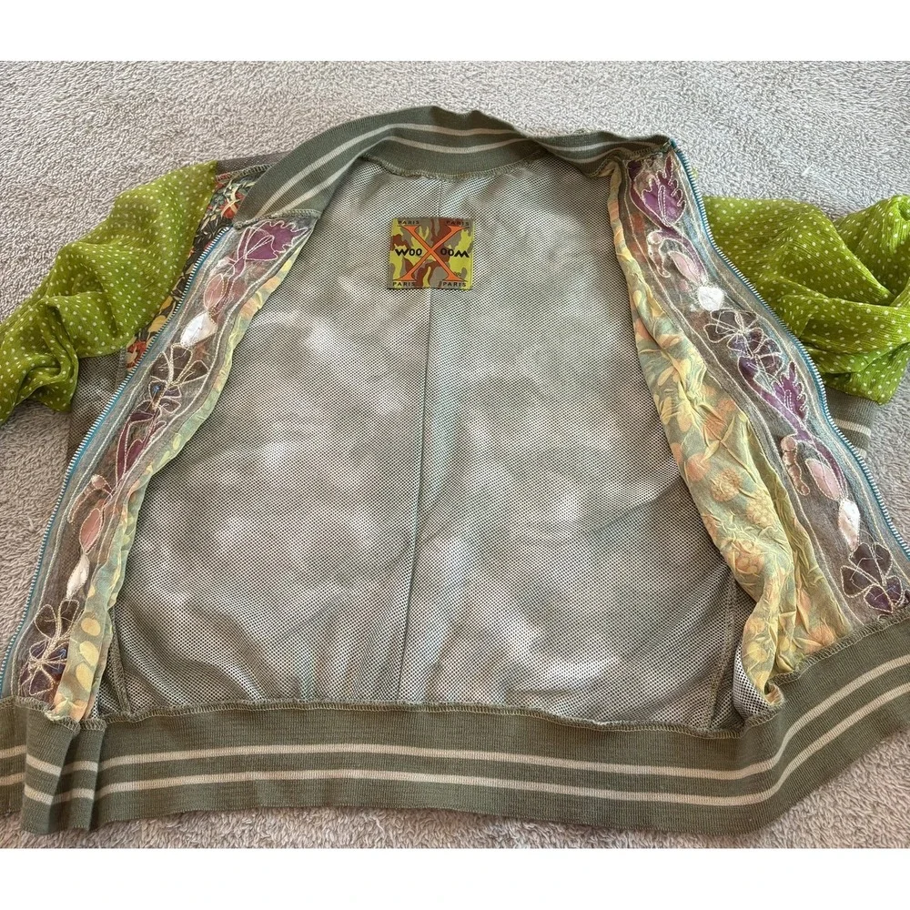 Wooxoom Paris Silk Patchwork Bomber Jacket Embroidered Mesh Green T3 Medium Rare